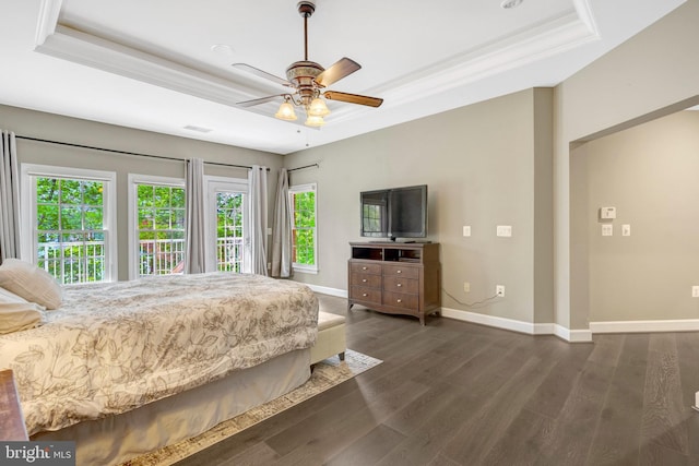 12723 Lady Somerset Ln, Fairfax, VA 22033 - bedroom featuring a tray ceiling, baseboards, dark wood-style flooring, access to outside, and ceiling fan