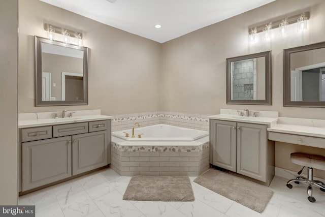 12723 Lady Somerset Ln, Fairfax, VA 22033 - full bath featuring marble finish floors, a bath, two vanities, and recessed lighting