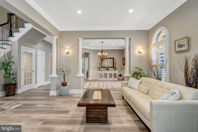 12723 Lady Somerset Ln, Fairfax, VA 22033 - living room with ornate columns, wood finished floors, a chandelier, recessed lighting, and ornamental molding