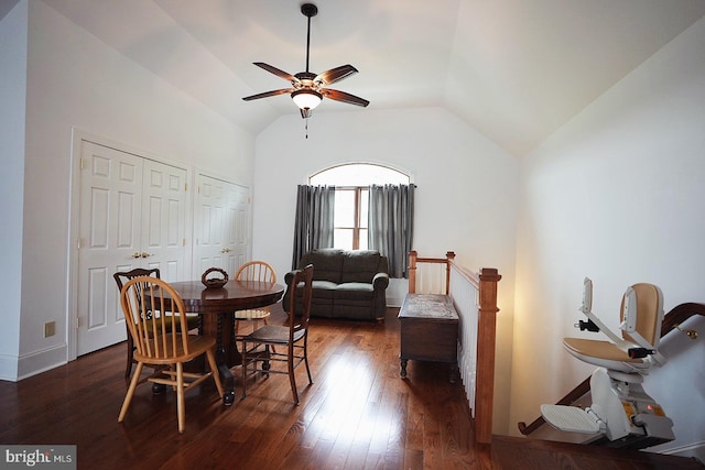 663 Tomlin Station Rd, Mullica Hill, NJ 08062 - dining area featuring a ceiling fan, hardwood / wood-style flooring, vaulted ceiling, and baseboards