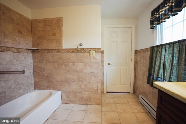 663 Tomlin Station Rd, Mullica Hill, NJ 08062 - bathroom featuring tile walls, a baseboard radiator, a wainscoted wall, tile patterned floors, and vanity