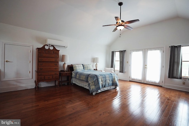 663 Tomlin Station Rd, Mullica Hill, NJ 08062 - bedroom with a wall mounted air conditioner, french doors, wood finished floors, access to exterior, and high vaulted ceiling