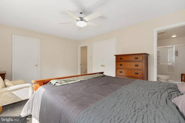 bedroom featuring connected bathroom and a ceiling fan
