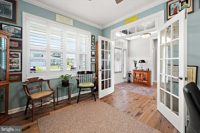 29325 Andrew Jackson Dr, Millsboro, DE 19966 - sitting room with french doors, crown molding, hardwood / wood-style flooring, a ceiling fan, and baseboards