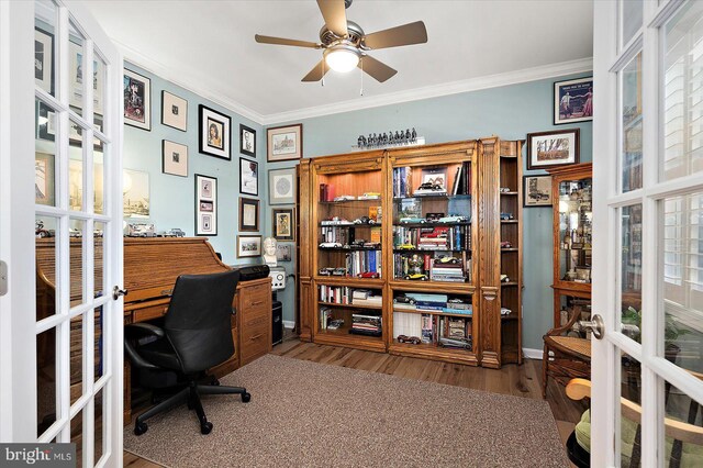 29325 Andrew Jackson Dr, Millsboro, DE 19966 - office featuring french doors, ornamental molding, wood finished floors, ceiling fan, and baseboards
