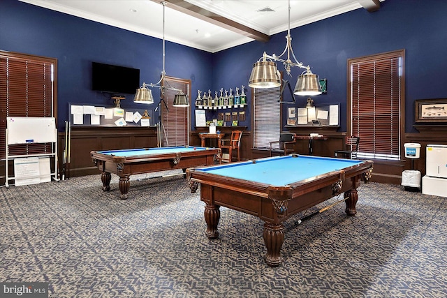 29325 Andrew Jackson Dr, Millsboro, DE 19966 - rec room featuring pool table, carpet floors, crown molding, a wainscoted wall, and a bar
