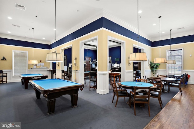 29325 Andrew Jackson Dr, Millsboro, DE 19966 - recreation room with ornamental molding, pool table, a wainscoted wall, recessed lighting, and a decorative wall