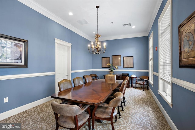 29325 Andrew Jackson Dr, Millsboro, DE 19966 - dining space featuring a chandelier, light carpet, crown molding, baseboards, and recessed lighting