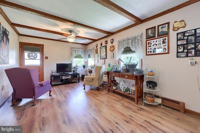 living area with wood finished floors, beamed ceiling, ceiling fan, baseboards, and baseboard heating