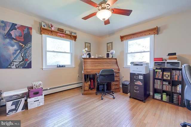 office space with a baseboard radiator, plenty of natural light, and wood-type flooring