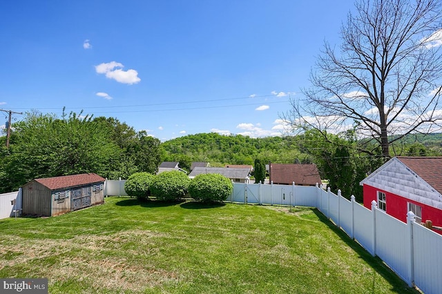 view of yard featuring a storage shed and an outdoor structure