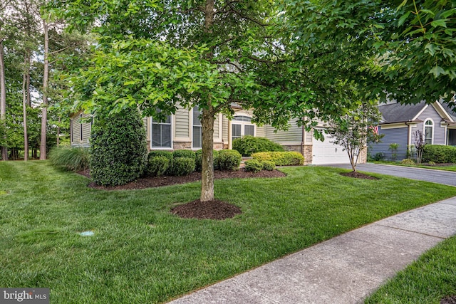 31027 Scissorbill Rd, Ocean View, DE 19970 - view of property hidden behind natural elements featuring asphalt driveway, stone siding, a front lawn, and a garage