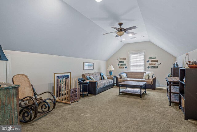 31027 Scissorbill Rd, Ocean View, DE 19970 - carpeted living room featuring lofted ceiling and a ceiling fan