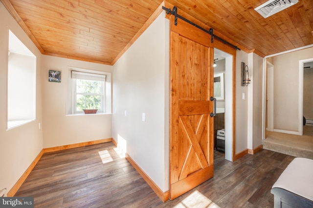 305 Gunhart Rd, Mohnton, PA 19540 - corridor featuring wood ceiling, a barn door, dark wood-style flooring, and baseboards