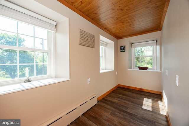 305 Gunhart Rd, Mohnton, PA 19540 - unfurnished room featuring wooden ceiling, dark wood-type flooring, baseboards, a baseboard heating unit, and ornamental molding