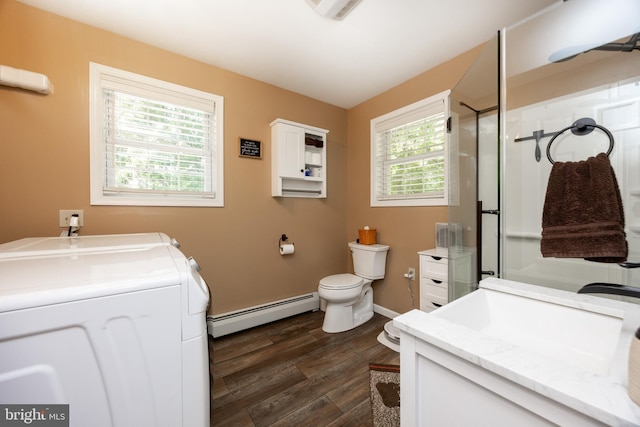 305 Gunhart Rd, Mohnton, PA 19540 - full bathroom with baseboard heating, washer and clothes dryer, vanity, and a stall shower