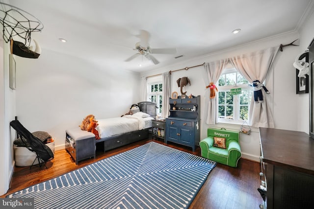 5033 Tilden St NW, Washington, DC 20016 - bedroom featuring dark wood-style flooring, ornamental molding, baseboards, a ceiling fan, and recessed lighting