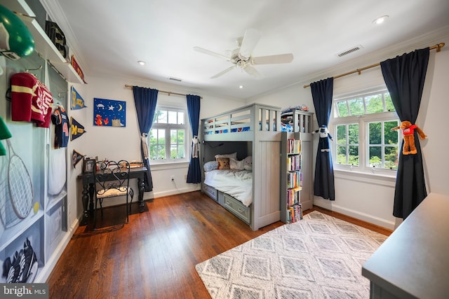 5033 Tilden St NW, Washington, DC 20016 - bedroom with baseboards, dark wood finished floors, ornamental molding, recessed lighting, and ceiling fan
