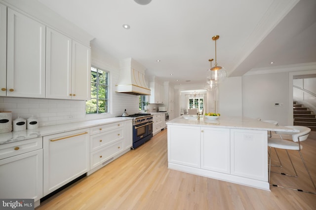 5033 Tilden St NW, Washington, DC 20016 - kitchen featuring range with two ovens, tasteful backsplash, white cabinetry, light wood-type flooring, and a kitchen island with sink