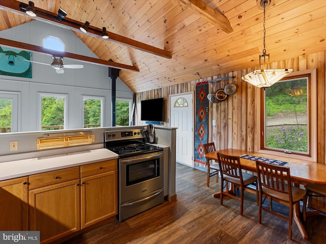171 Honeymoon Hollow Rd, Lost City, WV 26810 - kitchen with electric stove, healthy amount of natural light, dark wood finished floors, wood ceiling, and light countertops