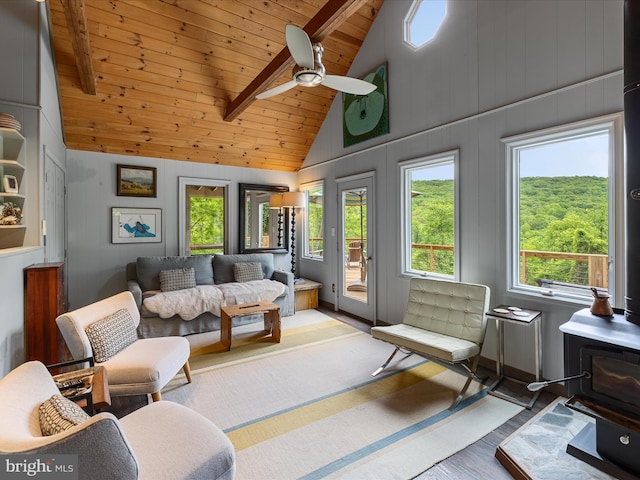 171 Honeymoon Hollow Rd, Lost City, WV 26810 - living area with wood ceiling with exposed beams, ceiling fan, wood finished floors, and high vaulted ceiling