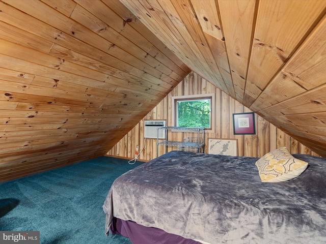 171 Honeymoon Hollow Rd, Lost City, WV 26810 - bedroom with wood ceiling, carpet floors, wooden walls, and vaulted ceiling