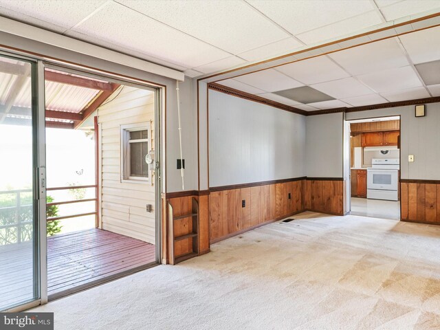 108 S 2nd St, Denton, MD 21629 - empty room featuring wood walls, light carpet, a drop ceiling, and a wainscoted wall