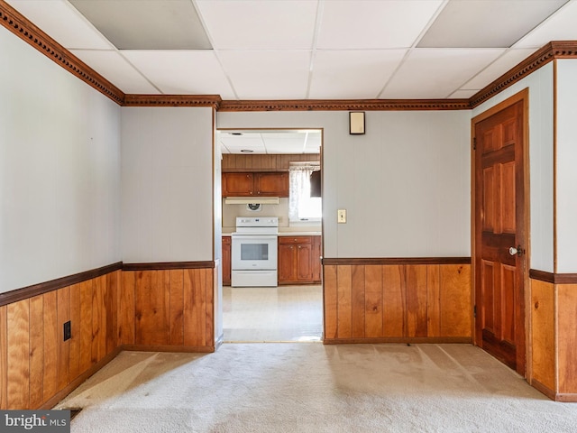 108 S 2nd St, Denton, MD 21629 - empty room featuring wooden walls, a wainscoted wall, a paneled ceiling, and light carpet