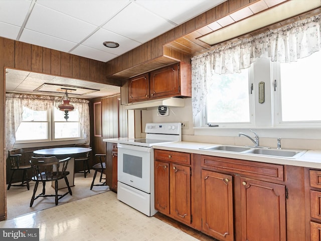 108 S 2nd St, Denton, MD 21629 - kitchen with white range with electric cooktop, a sink, light countertops, healthy amount of natural light, and wooden walls