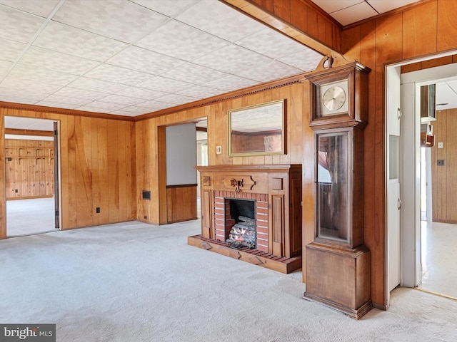 108 S 2nd St, Denton, MD 21629 - unfurnished living room featuring carpet flooring, wood walls, and a fireplace