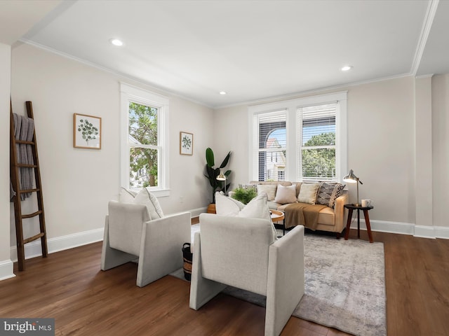 2912 Shirey Ave, Baltimore, MD 21214 - living room with baseboards, dark wood-style flooring, ornamental molding, and recessed lighting