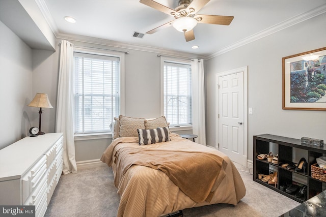 237 N Bread St Unit 2, Philadelphia, PA 19106 - bedroom with light carpet, baseboards, crown molding, recessed lighting, and a ceiling fan