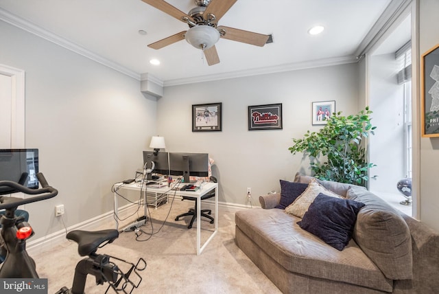 237 N Bread St Unit 2, Philadelphia, PA 19106 - office area featuring baseboards, carpet, ceiling fan, crown molding, and recessed lighting