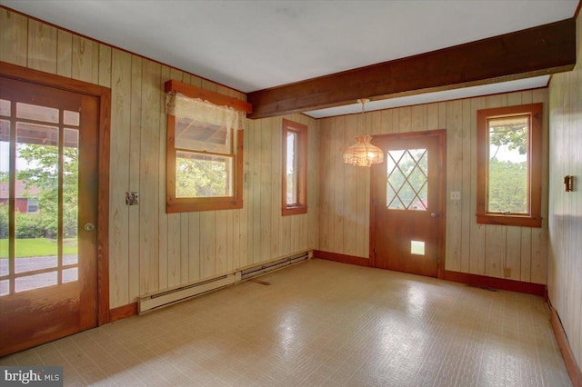 129 Shippensburg Rd, Shippensburg, PA 17257 - spare room featuring baseboard heating, beamed ceiling, wood walls, baseboards, and tile patterned floors
