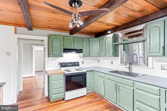 9054 William Penn Hwy, Mifflintown, PA 17059 - kitchen featuring white electric stove, a sink, wooden ceiling, under cabinet range hood, and green cabinets