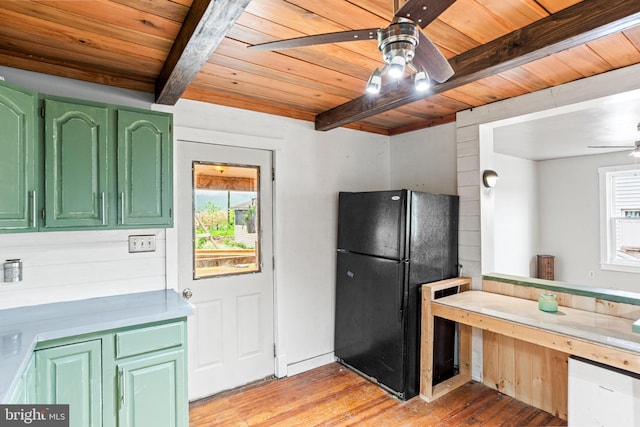 9054 William Penn Hwy, Mifflintown, PA 17059 - kitchen with ceiling fan, freestanding refrigerator, green cabinetry, wood ceiling, and beamed ceiling