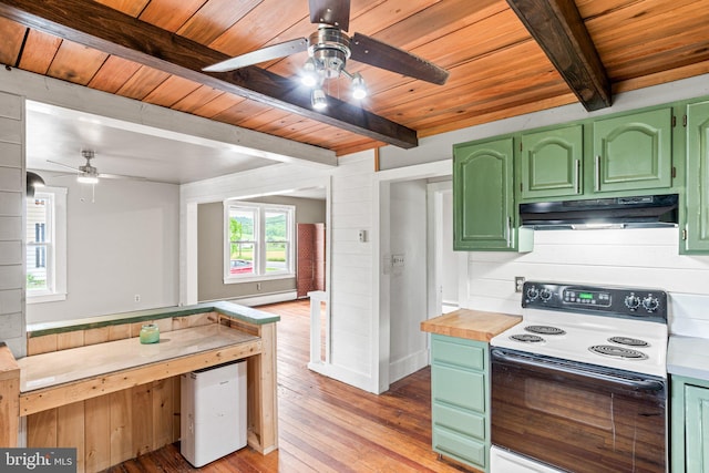 9054 William Penn Hwy, Mifflintown, PA 17059 - kitchen with electric range oven, a ceiling fan, green cabinets, under cabinet range hood, and beamed ceiling