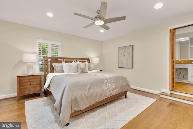1802 24th St S, Arlington, VA 22202 - bedroom featuring light wood-style floors, recessed lighting, ensuite bath, and a ceiling fan
