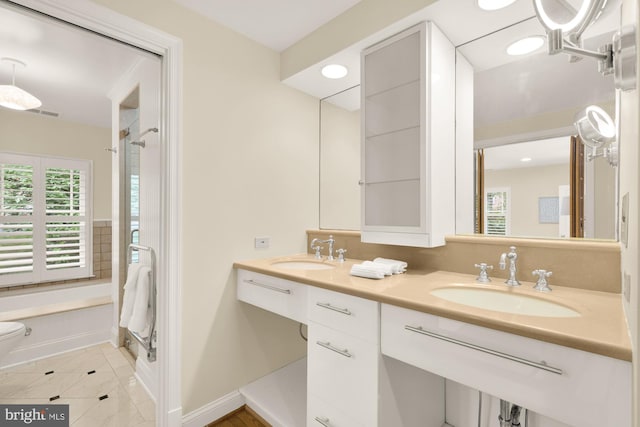 1802 24th St S, Arlington, VA 22202 - full bathroom featuring double vanity, tile patterned flooring, recessed lighting, and shower / bath combination
