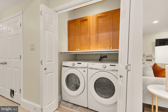 1802 24th St S, Arlington, VA 22202 - washroom with cabinet space, washing machine and clothes dryer, recessed lighting, and crown molding