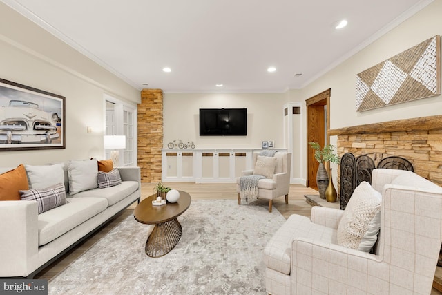 1802 24th St S, Arlington, VA 22202 - living area featuring a stone fireplace, recessed lighting, wood finished floors, and crown molding
