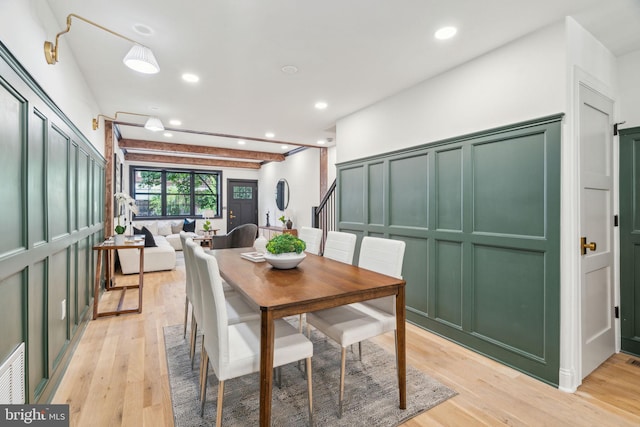 826 Tasker St, Philadelphia, PA 19148 - dining space with light wood finished floors, recessed lighting, and stairs