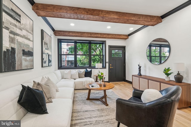 826 Tasker St, Philadelphia, PA 19148 - living area featuring beam ceiling, light wood-style floors, recessed lighting, and crown molding