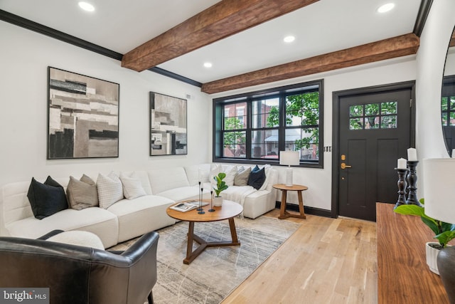 826 Tasker St, Philadelphia, PA 19148 - living room with wood finished floors, beamed ceiling, recessed lighting, baseboards, and crown molding