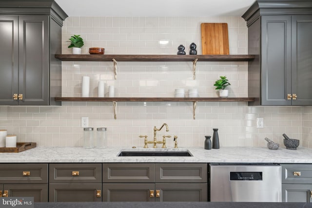 826 Tasker St, Philadelphia, PA 19148 - kitchen featuring open shelves, a sink, stainless steel dishwasher, and decorative backsplash
