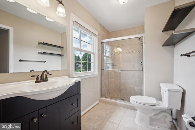 8818 Olympia Fields Ln, Vienna, VA 22182 - full bathroom with toilet, vanity, baseboards, tile patterned floors, and a shower stall
