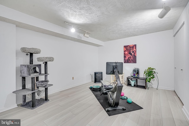 13916 Preacher Chapman Pl, Centreville, VA 20121 - exercise area with wood finished floors, a textured ceiling, baseboards, and rail lighting