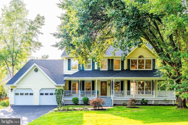 6808 Canal Bridge Ct, Potomac, MD 20854 - view of front of home featuring asphalt driveway, a porch, an attached garage, a front lawn, and a shingled roof