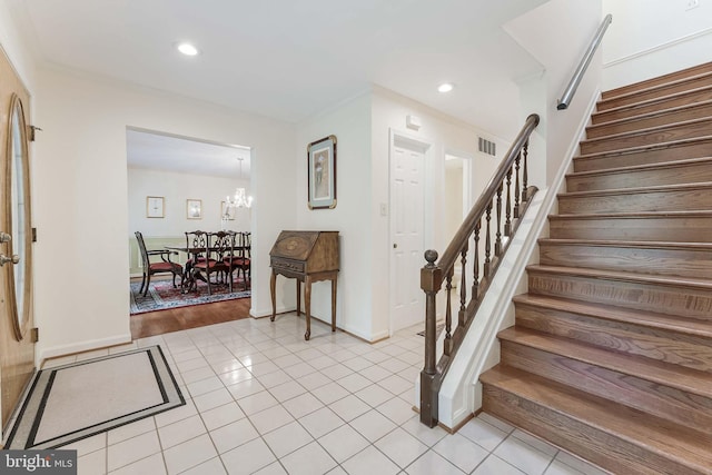 6808 Canal Bridge Ct, Potomac, MD 20854 - stairs with recessed lighting, tile patterned flooring, a chandelier, and baseboards