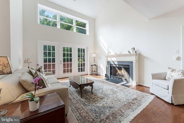 6808 Canal Bridge Ct, Potomac, MD 20854 - living area with a high ceiling, wood finished floors, a fireplace with flush hearth, french doors, and baseboards